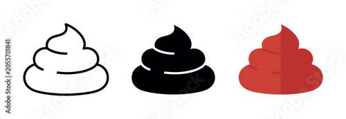 Obraz na płótnie Three stylized icons of poop in different styles: outline, solid black, and red