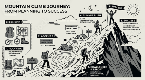 Mountain climb journey from planning to success infographic