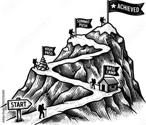 Black and white illustration of a mountain with a winding path to the summit