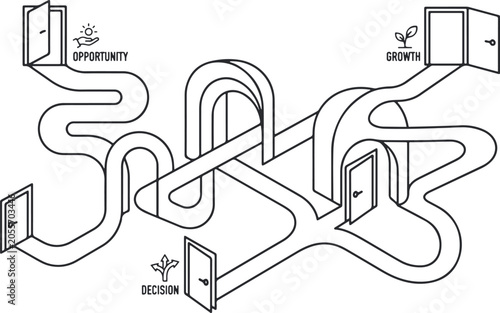 A black and white line drawing of a maze with multiple doors and paths