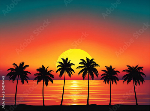 Illustration Golden hour tropical ocean sunset with glowing sun behind palm tree silhouettes