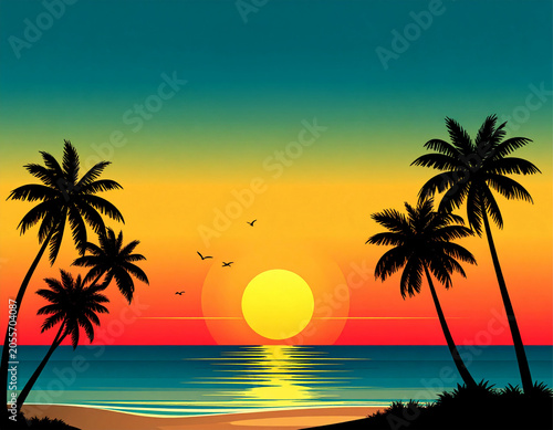  Illustration Golden hour tropical ocean sunset with glowing sun behind palm tree silhouettes