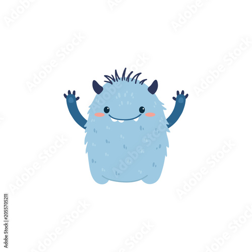 Cute cartoon monster on white background. Happy blue Alien. Funny monster in flat style. Vector illustration.