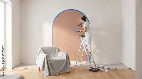 Clay arch accent wall painting, Minimal room interior makeover, Contemporary painted mural shape, Clean DIY decor project, Stylish copy space background