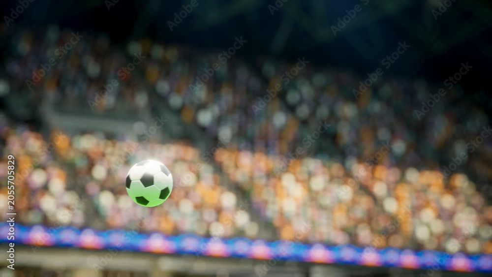 Naklejka premium 3D illustration of football ball moving across pitch inside stadium during sunny day, close up of computer graphics soccer ball lit by sun rays while crossing sports venue playground field.