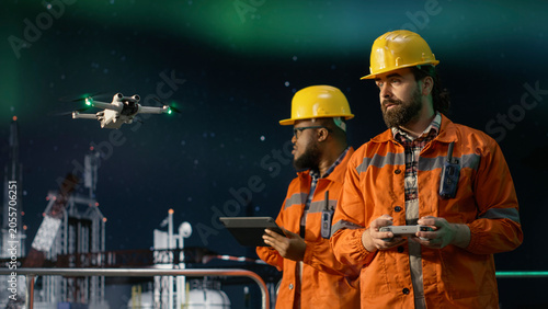 Photos Drilling ship specialists using aerial reconnaissance gadget to circumvent maritime embargo, Offshore platform technicians working together, using drones to find fossil reserves during oil crisis