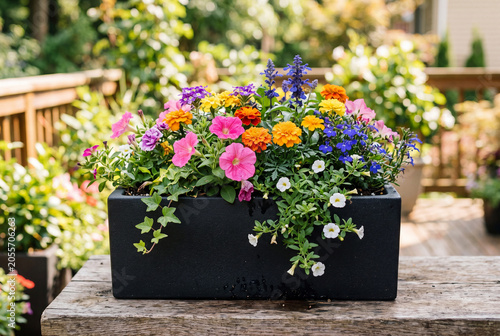 bedding flowers in a modern black planter