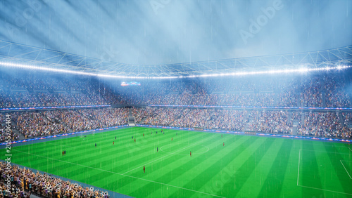 Photography 3D illustration of soccer players getting wet by rain on stadium pitch during match played at night