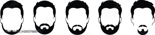 Male beard silhouette icon set with facial hair styles, Modern beard and mustache grooming symbols, Barber fashion collection