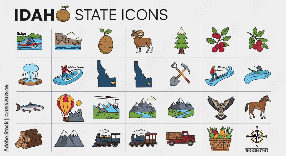 Obraz premium Graphic set of Idaho state icons featuring nature landmarks wildlife and outdoor activities in a flat color style