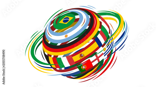 Bild auf Leinwand Globe of Nations: A vibrant illustration depicts a swirling globe adorned with a multitude of international flags, symbolizing global unity and interconnectedness in a dynamic visual representation