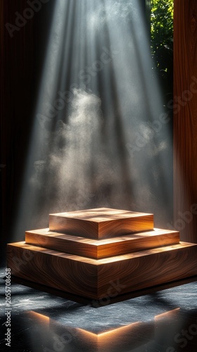 Wooden stepped platform bathed in light, with hazy atmosphere. Dark stone floor below