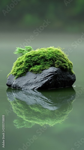 Moss-covered rock, reflecting in calm water