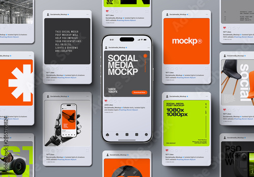 Social Media Post Mockup Set + Phone V2 - (13 Objects)