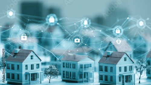 Visual shows interconnected networks promoting safety in neighborhoods with healthcare symbols and space for public awareness messaging.