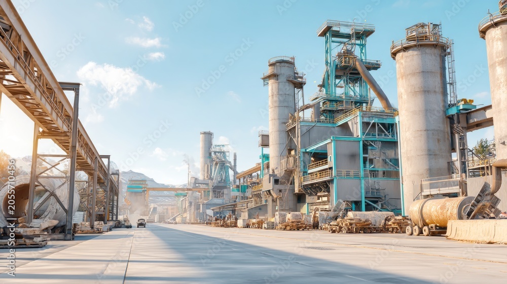 Fototapeta premium Industrial factory plant with machinery and large metal structure under blue sky