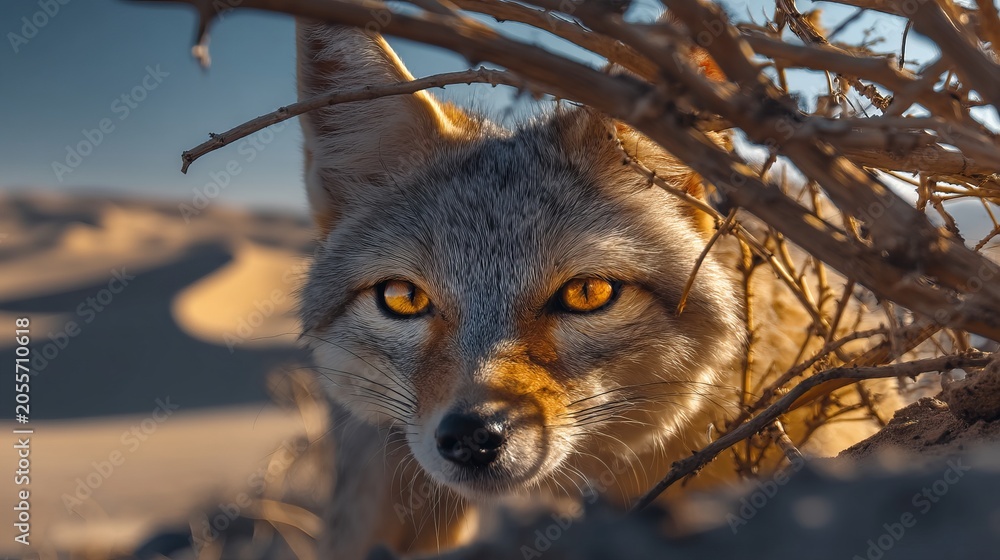 Fototapeta premium Desert Fox Partially Hidden Behind Dry Shrubs in Arid Landscape