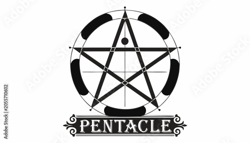 Foto Very beautiful black-and-white engraved vector illustration featuring the PENTACLE with precise geometric linework and a decorative cultural label reading PENTACLE, isolated on white background
