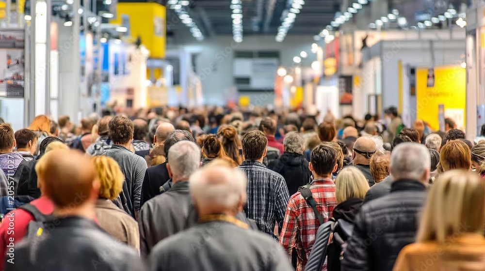 Obraz premium Visitors Flowing Through Exhibition Hall Aisle Filled with Activity