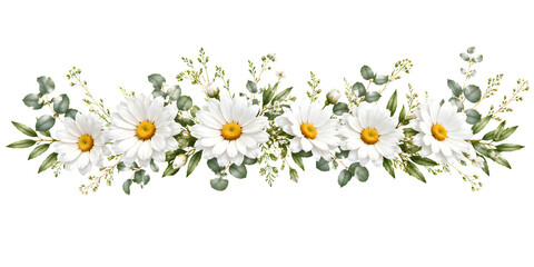 White daisy flower border with green leaves isolated on transparent background