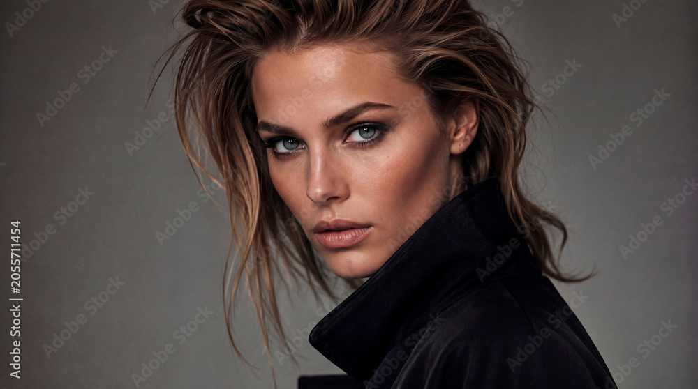 Fototapeta premium High-end AI-generated fashion portrait of a confident young woman with striking blue eyes, natural makeup, and tousled hair. Studio lighting highlights her expressive gaze, flawless skin, and modern b