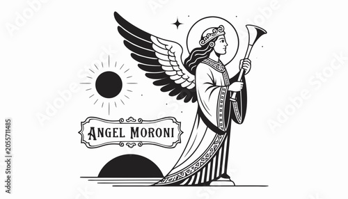 Schilderij op canvas Very beautiful black-and-white engraved vector illustration featuring the ANGEL