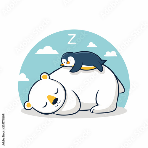 Cute Polar Bear Sleeping with Penguin on its Back