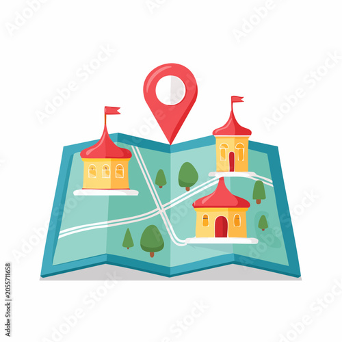 Map with Location Pins and Cartoon Buildings