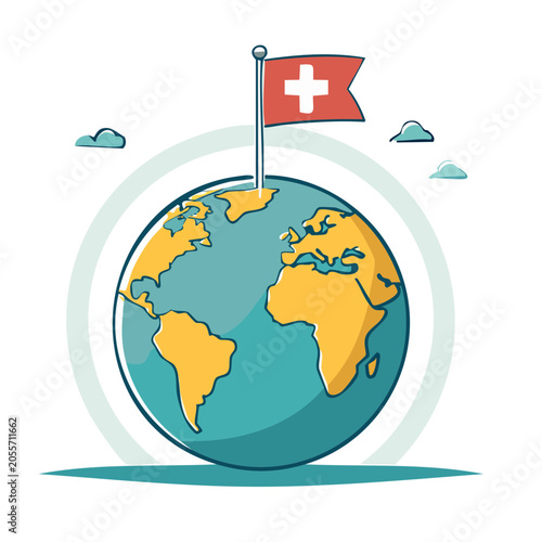 Illustration of Earth with Swiss flag and clouds
