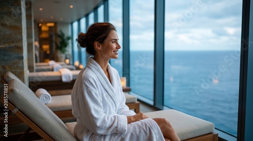 Smiling woman in white bathrobe relaxing on lounge chair at luxury spa resort with panoramic ocean view travel and wellness concept premium cruise ship hotel 
