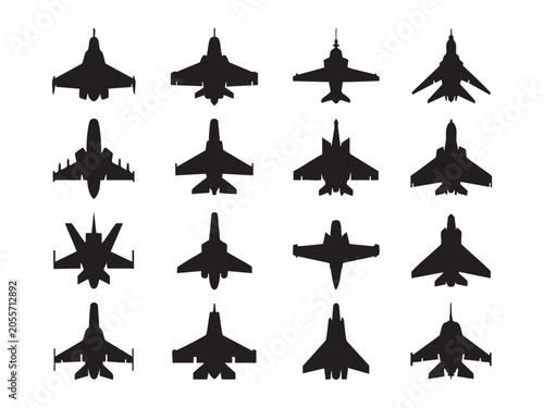 Military jet fighter silhouettes top view collection for air force aviation design and graphics.