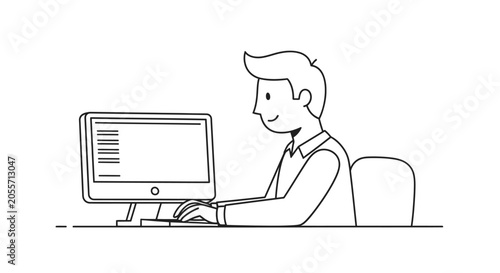 Foto Smiling businessman calmly working on a computer at a desk, portraying a relaxed and productive work environment, isolated white background