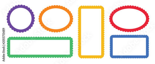 Collection of five colorful scalloped edge frames in various shapes and sizes