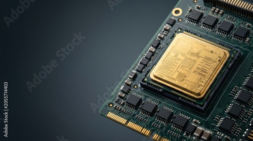 Gold computer processor chip on green circuit board close up electronic motherboard hardware component microchip semiconductor manufacturing advanced technology microelectronics engineering copy space