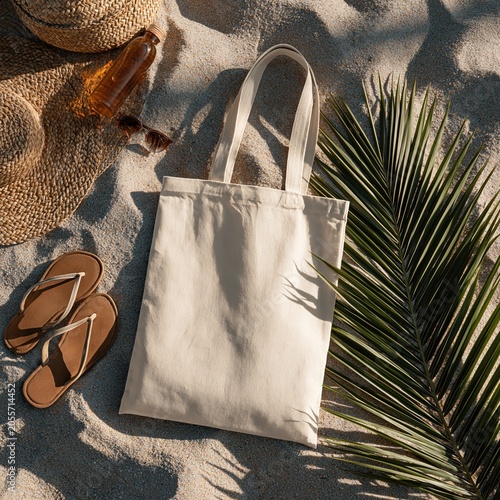 Blank Canvas Tote Bag Mockup on Sunny Beach Sand