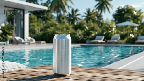 Blank Beverage Can Mockup on Wooden Table by Pool