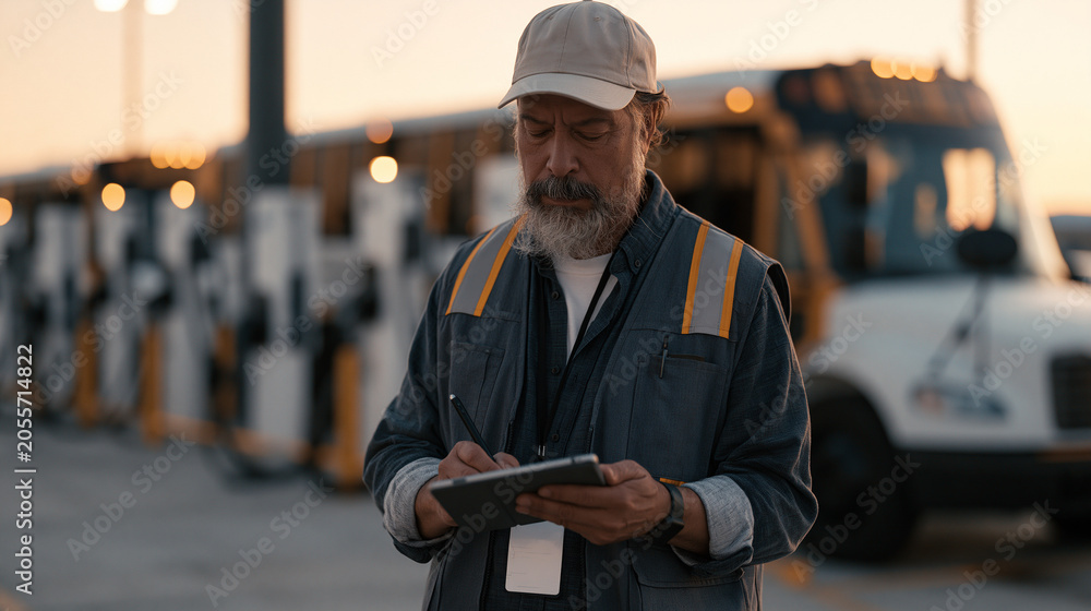 Fototapeta premium Electric school bus fleet plugged into depot charging stations at dawn, fleet manager with tablet logging overnight charge completion, school district transportation