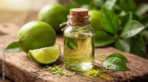 Lime essential oil in glass bottle with cork on rustic wooden board background, fresh green citrus fruits with slice and zest