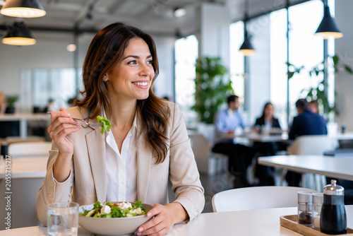Young woman enjoying salad while sitting in modern cafeteria  