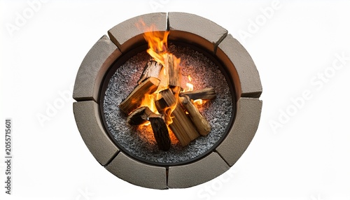 top view of stone fire pit with burning wood logs and flames white background