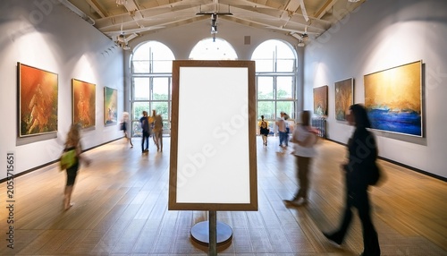 blank vertical poster display on easel in contemporary art gallery interior with soft natural skylight blurred wall mounted paintings and visitors creating an exhibition atmosphere