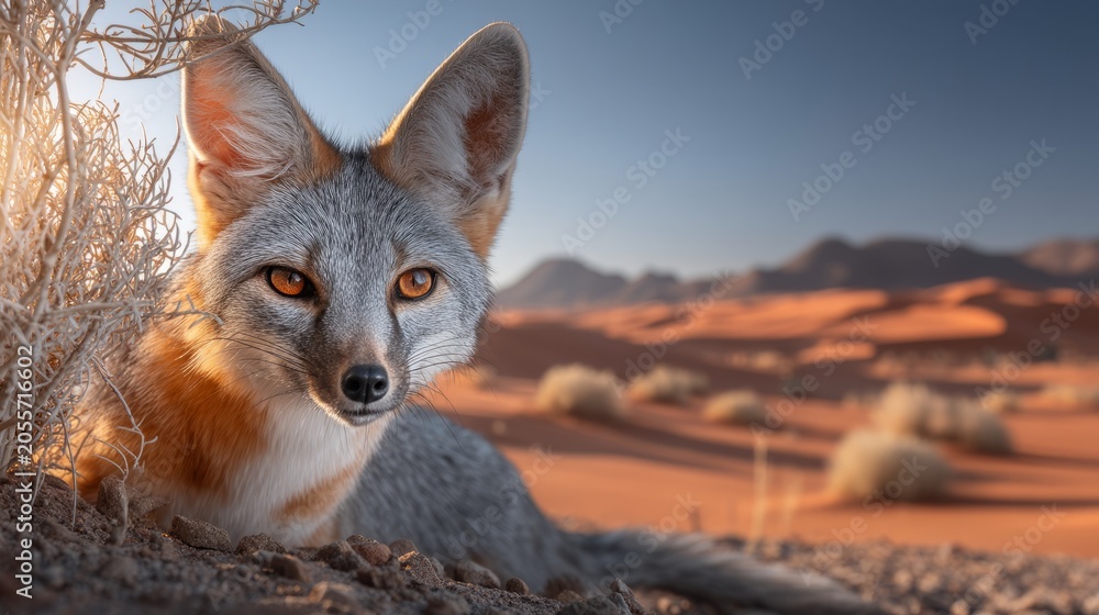 Fototapeta premium Desert Fox Partially Hidden Behind Dry Shrubs in the Desert Landscape