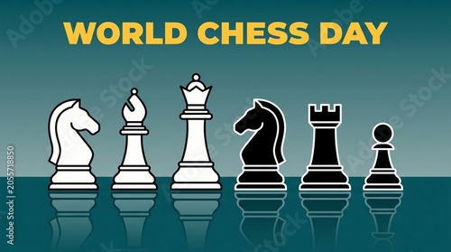 World Chess Day banner, black and white chess pieces on teal background, strategic game competition concept