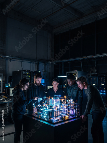 Data center engineer network server ai framework trustworthy team studies glowing smart city model in dark control room
