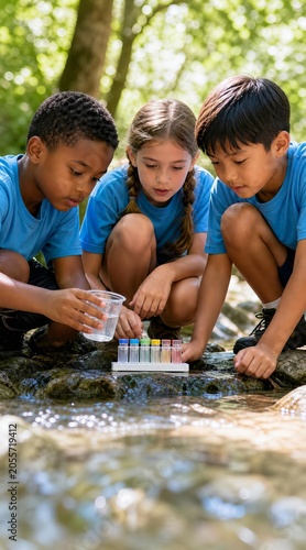 Children testing stream water at summer camp