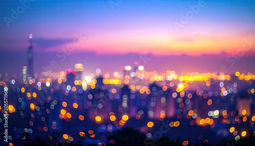 Blurry Cityscape at Dusk with Colorful Sky and Bokeh Lights.