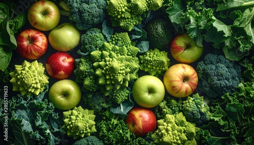 Assortment of Fresh Green Apples and Romanesco Broccoli.