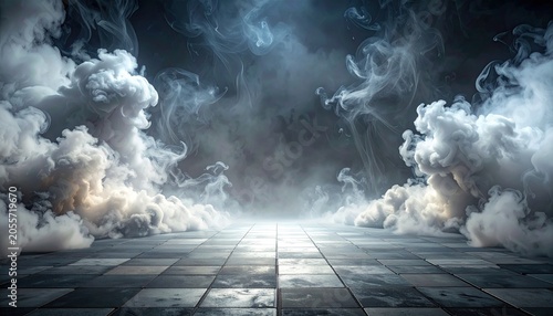 Mysterious Foggy Atmosphere with Dramatic Lighting on Stone Floor.