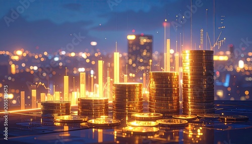 Golden Coin Stacks Illuminated Against a Blurred Cityscape at Night.