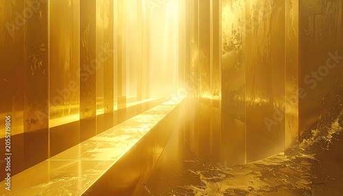 Golden Hallway with Sunbeams and Reflections.